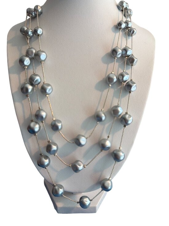 Robert Rose Jewelry - Vintage Silver Tone Multi Strand Necklace Gray Faux Pearl Stations Adj 19"